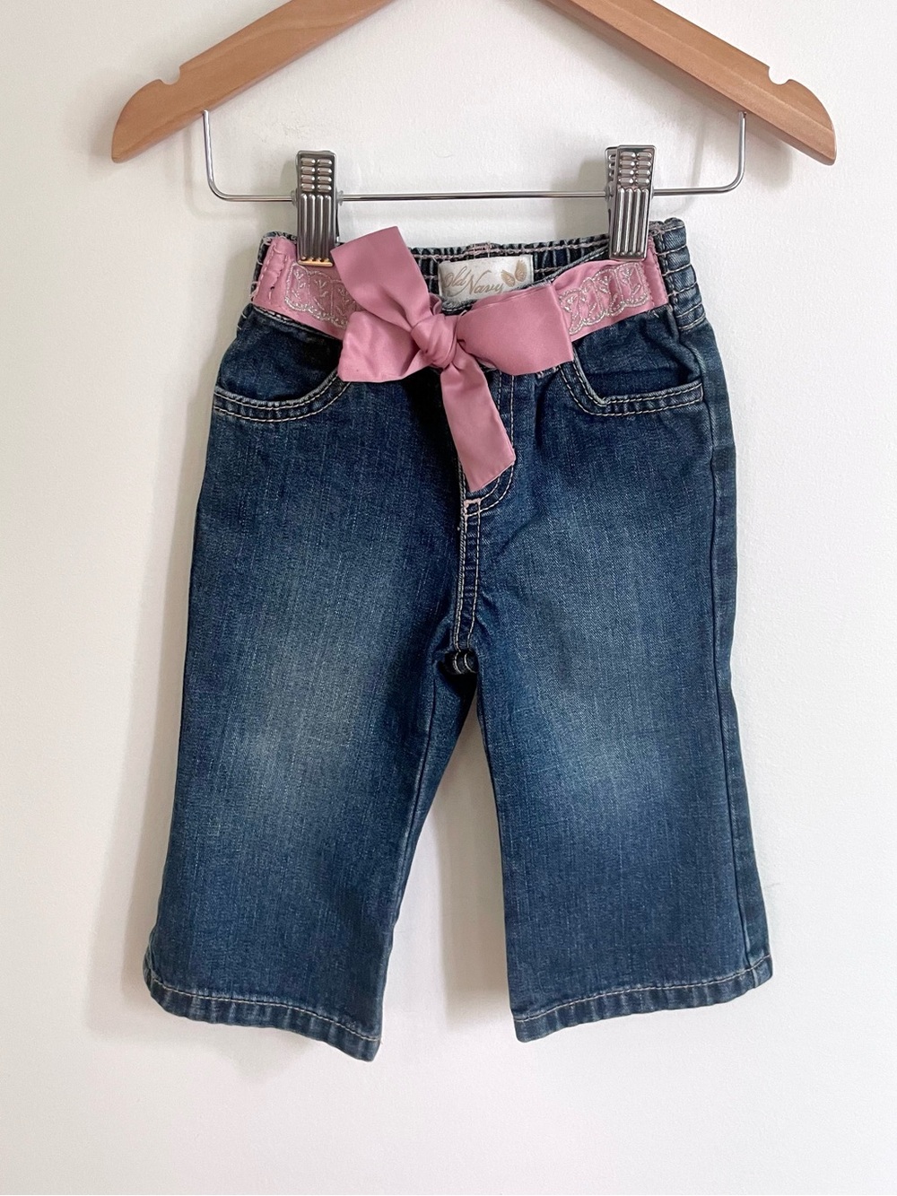 $9 💥Vintage 🎀 Embroidered Satin Ribbon Fabric Belt Bootcut Baby Girl Jeans